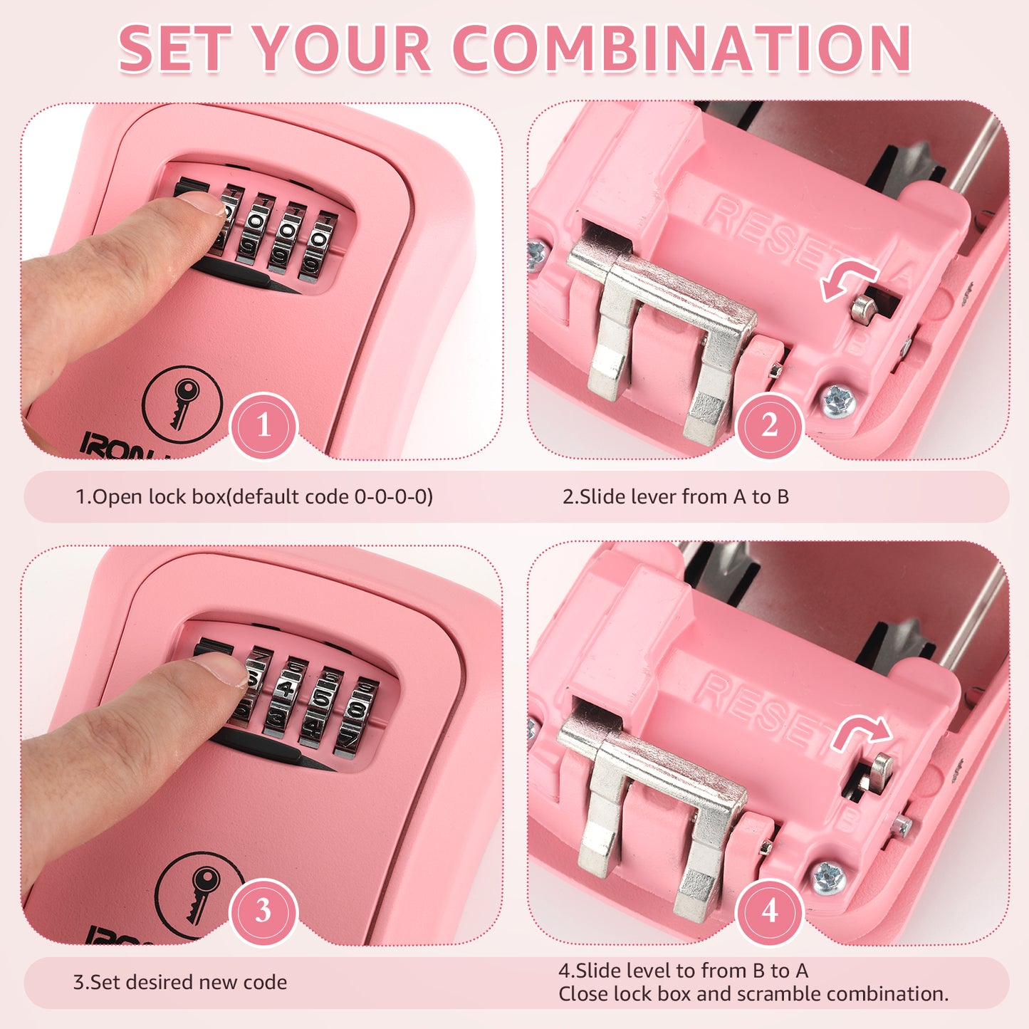 Iron Lock Medium pink wall-mount key lock box, 4-digit resettable combination — view 7