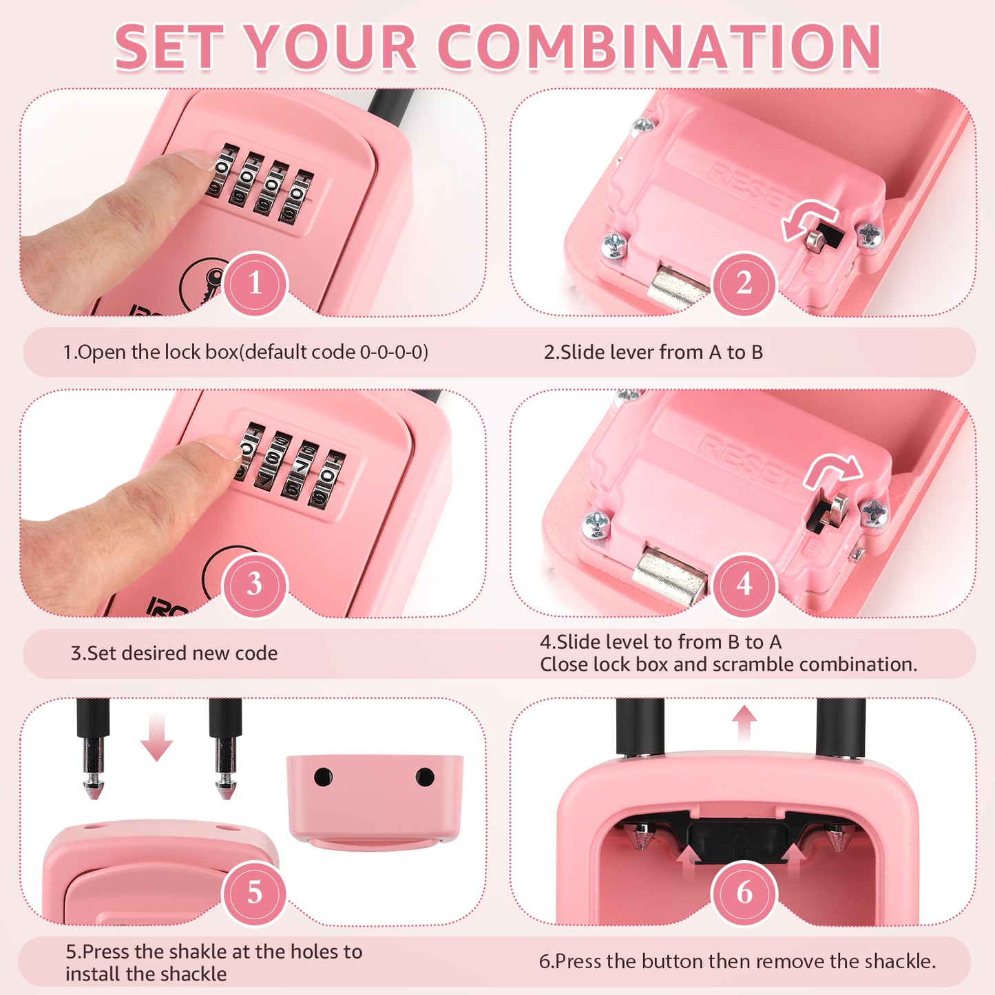 Iron Lock Small pink portable key lock box with removable U-shackle, 4-digit resettable combination — view 7