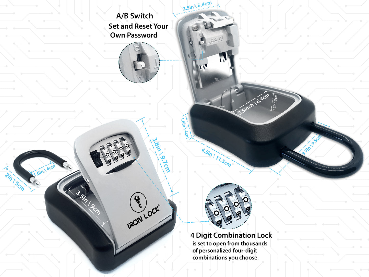 Medium Portable Key Lock Box with Removable U-Shackle (Grey)