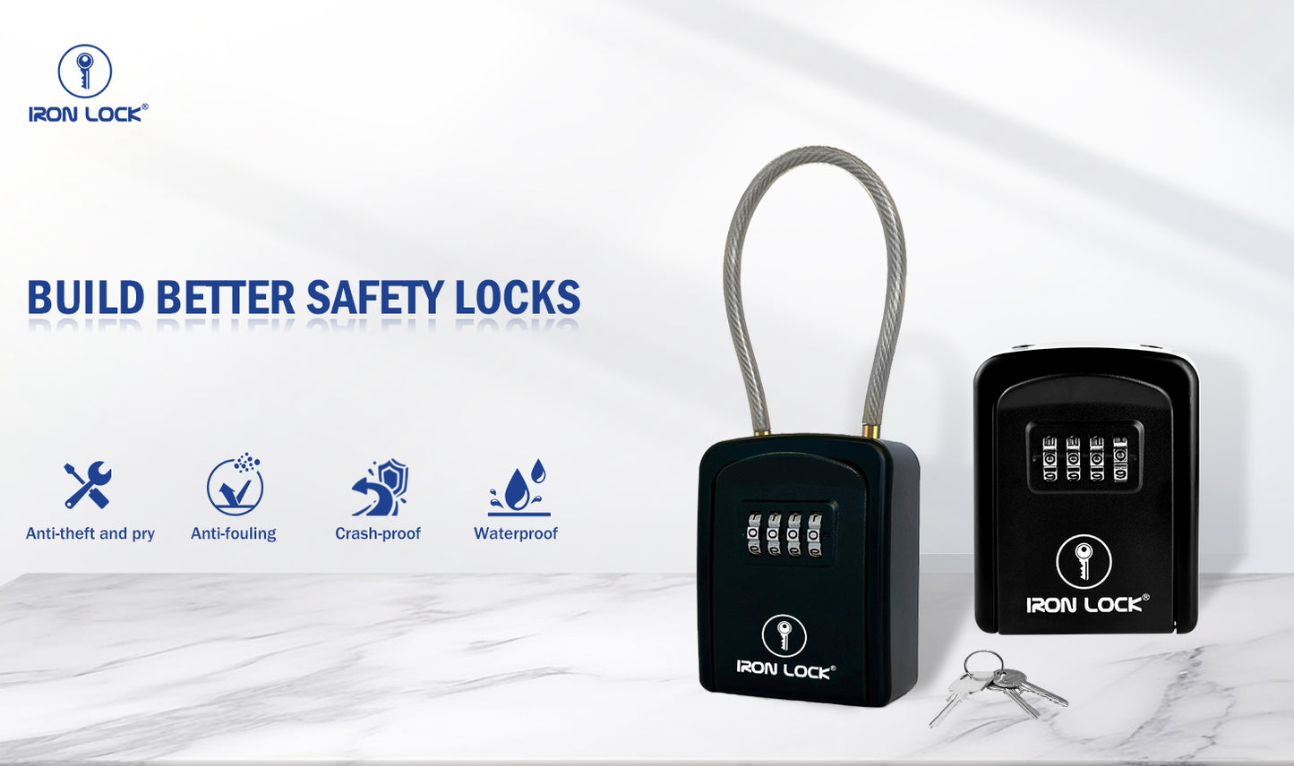 Small Portable Key Lock Box with Removable Cable Shackle (Black)