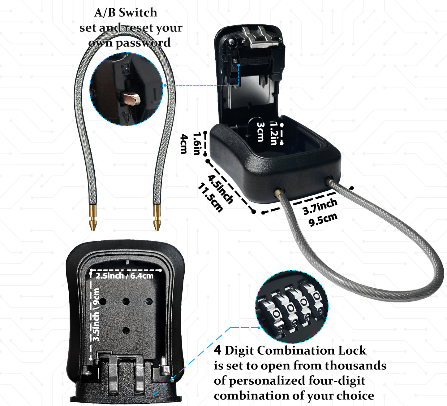 Medium Portable Key Lock Box with Removable Cable Shackle (Black)