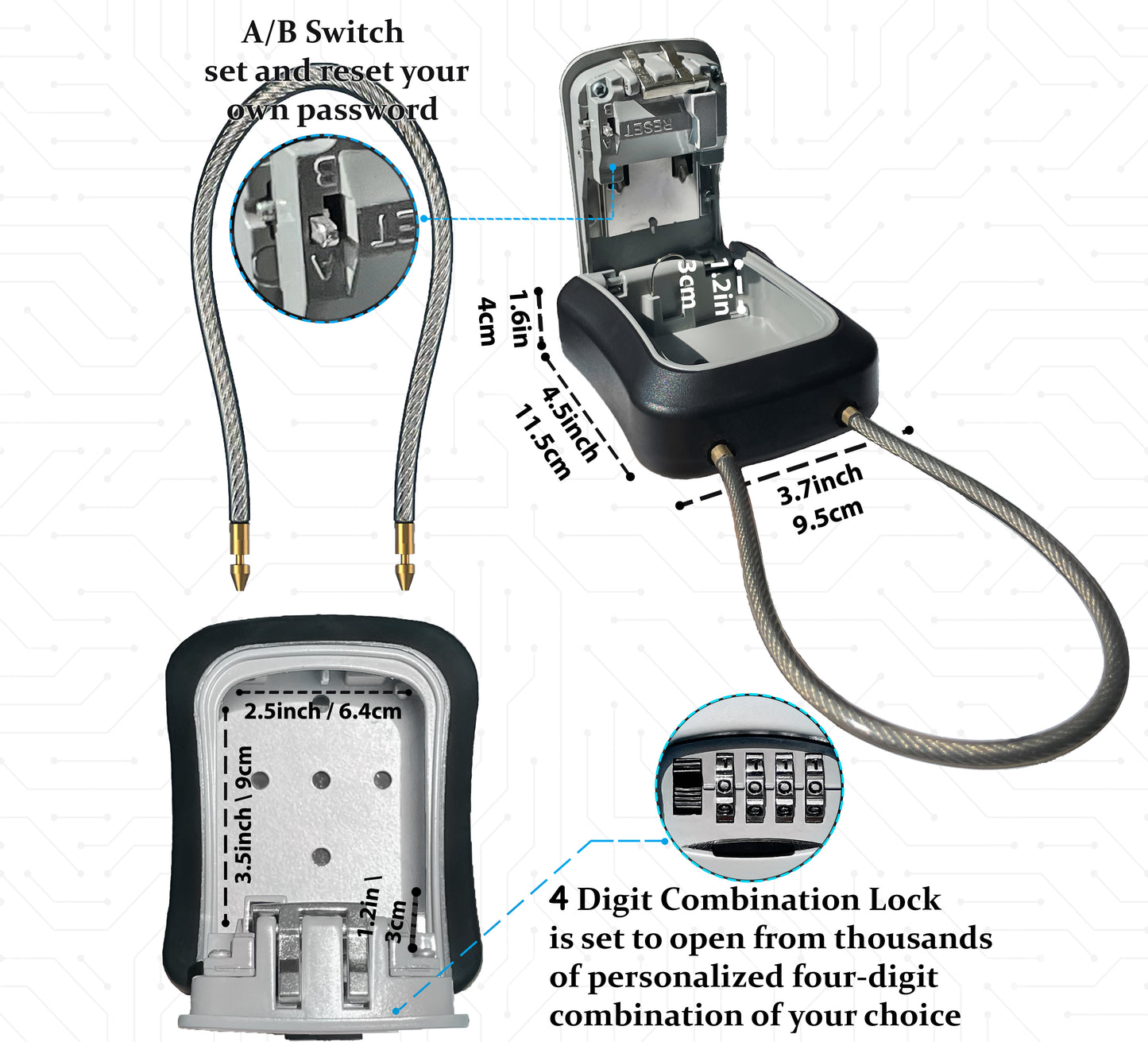 Medium Portable Key Lock Box with Removable Cable Shackle (Grey)