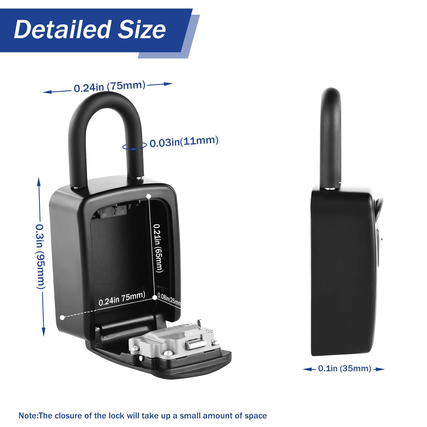 Small Portable Key Lock Box with Removable U-Shackle (Black)