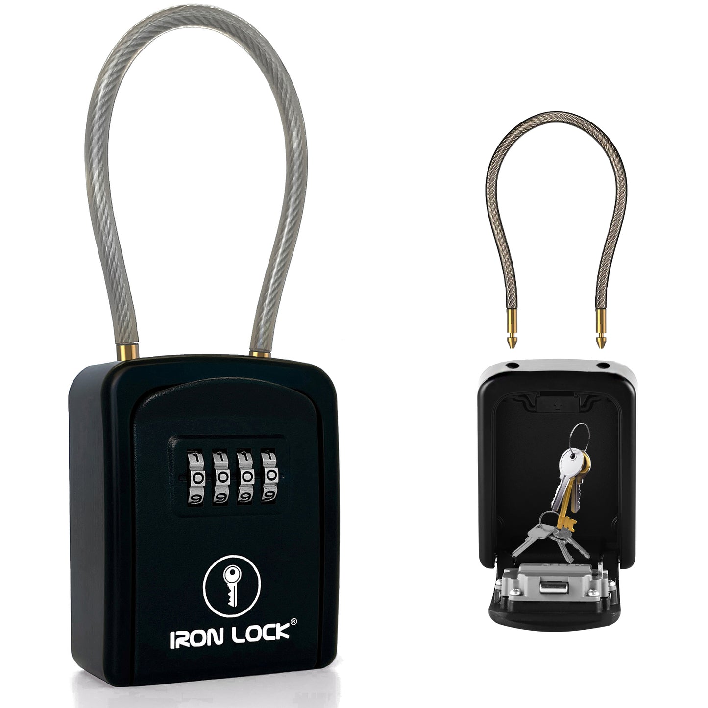 Small Portable Key Lock Box with Removable Cable Shackle (Black)