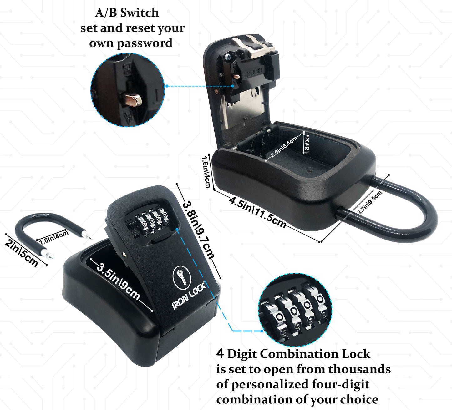 Medium Portable Key Lock Box with Removable U-Shackle (Black)