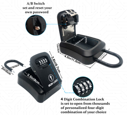 Medium Portable Key Lock Box with Removable U-Shackle (Black)