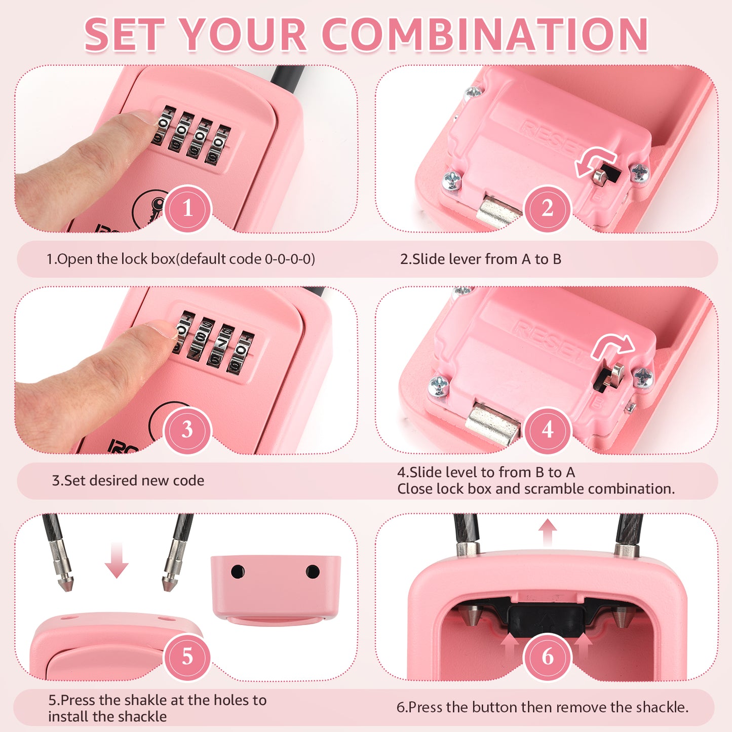 Iron Lock Small pink portable key lock box with steel cable shackle, 4-digit resettable combination — view 7