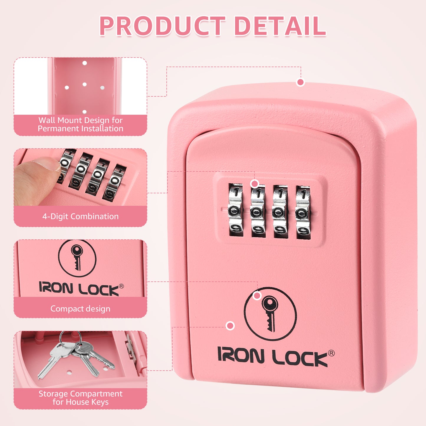Iron Lock Wall Mount Key Lock Box Small, Combination, Outdoor (Pink)