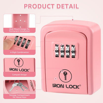 Iron Lock Wall Mount Key Lock Box Small, Combination, Outdoor (Pink)