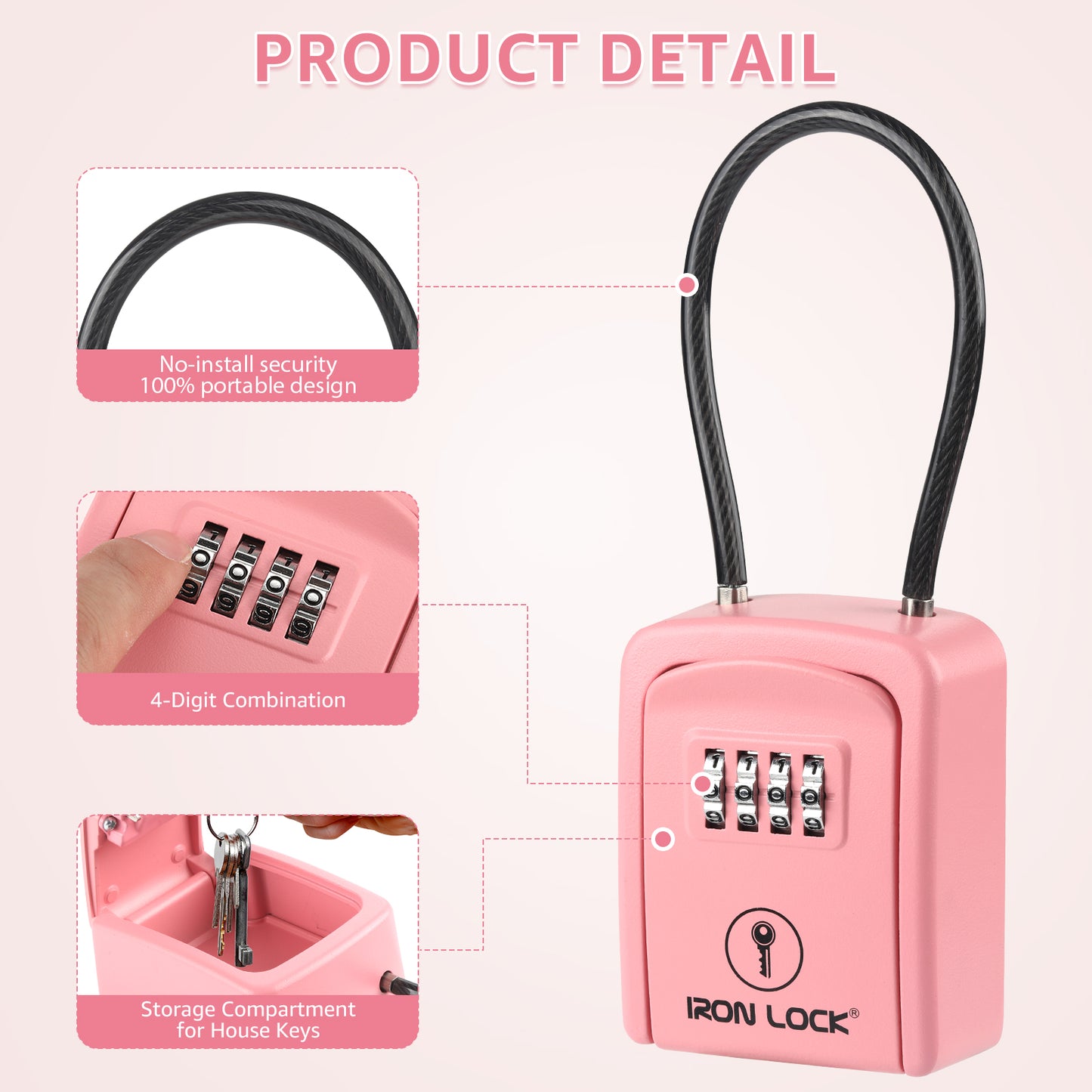 Iron Lock Small pink portable key lock box with steel cable shackle, 4-digit resettable combination — view 5