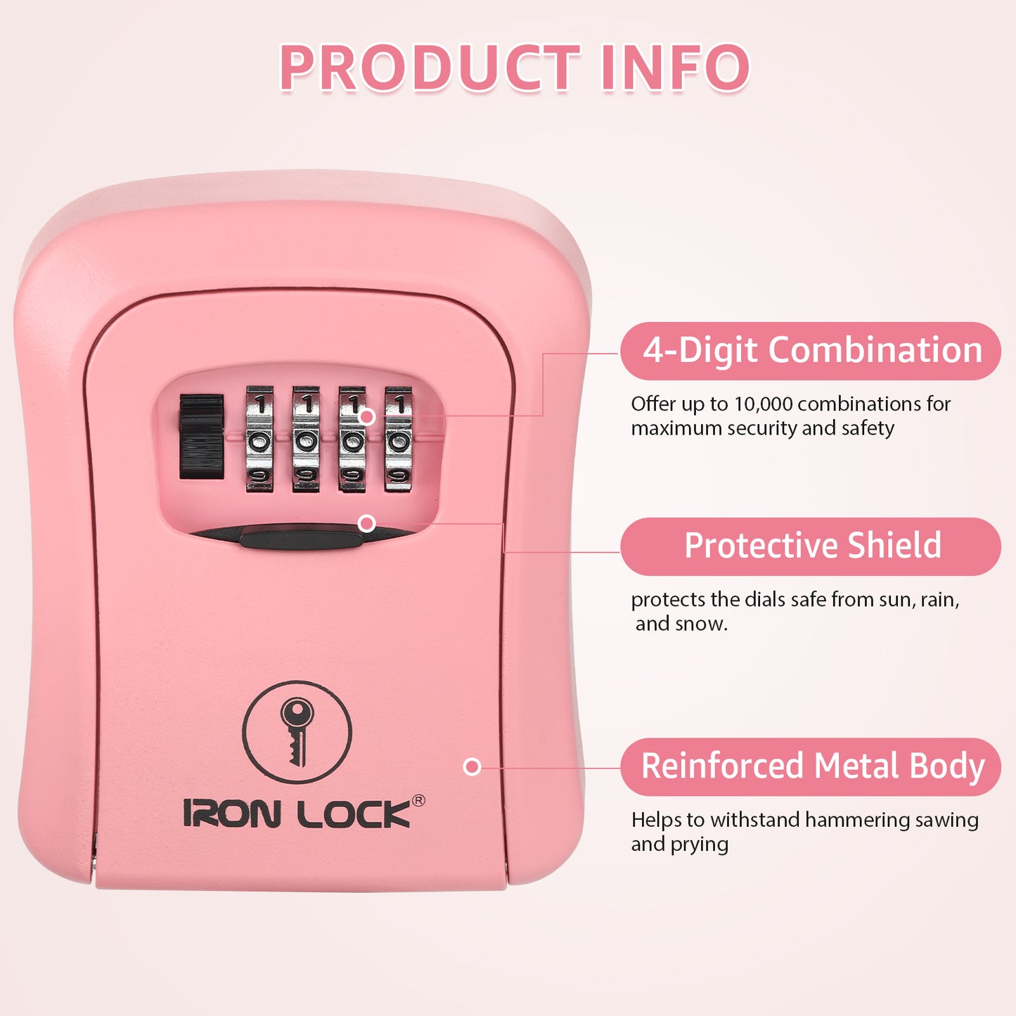 Iron Lock Medium pink wall-mount key lock box, 4-digit resettable combination — view 5