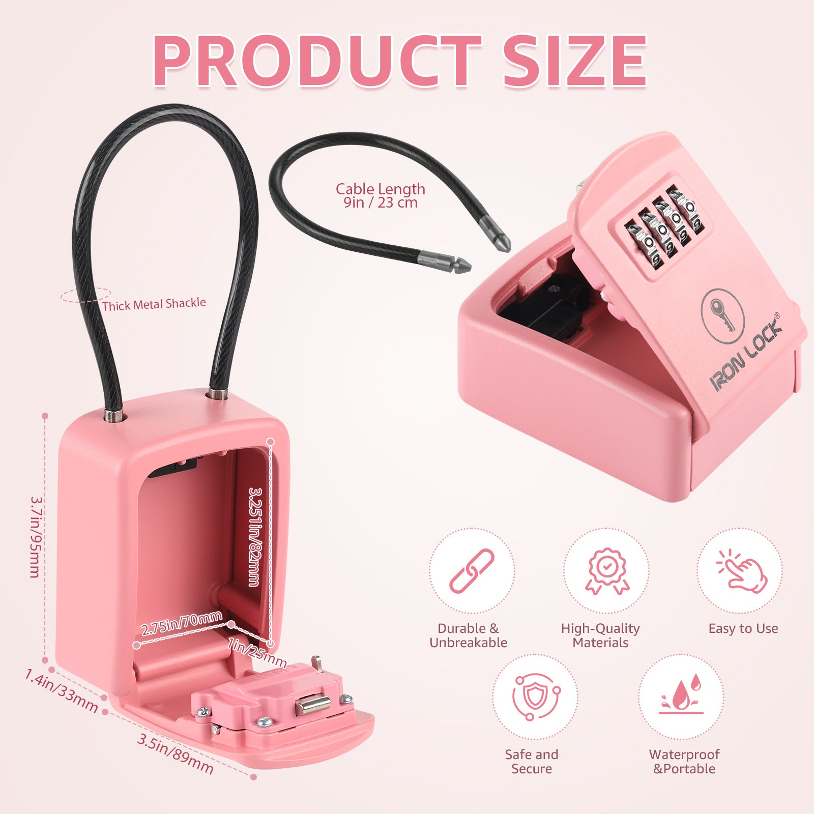 Iron Lock Small pink portable key lock box with steel cable shackle, 4-digit resettable combination — view 2
