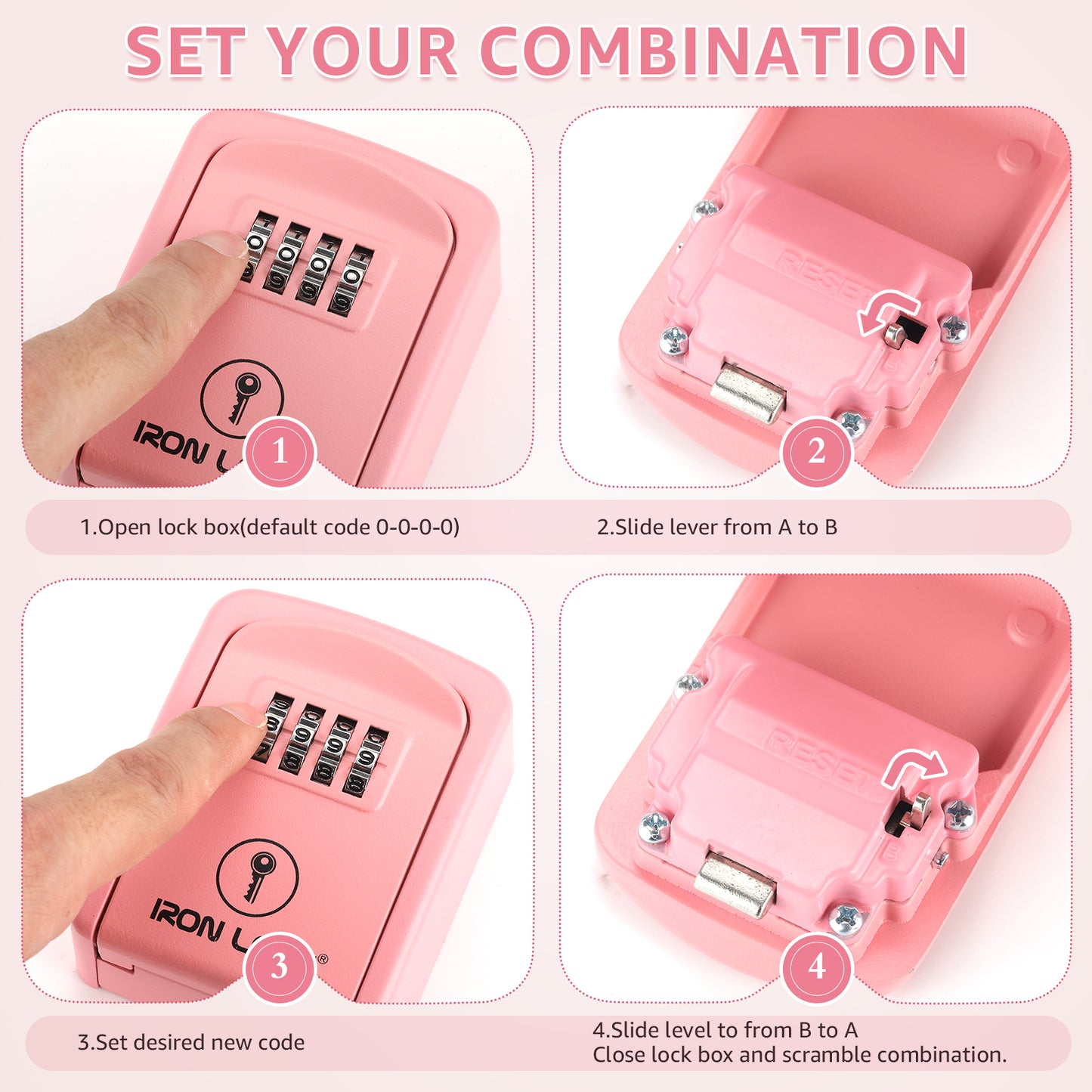 Iron Lock Wall Mount Key Lock Box Small, Combination, Outdoor (Pink)