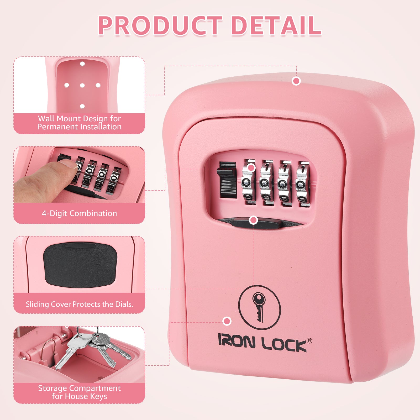 Iron Lock Medium pink wall-mount key lock box, 4-digit resettable combination — view 4