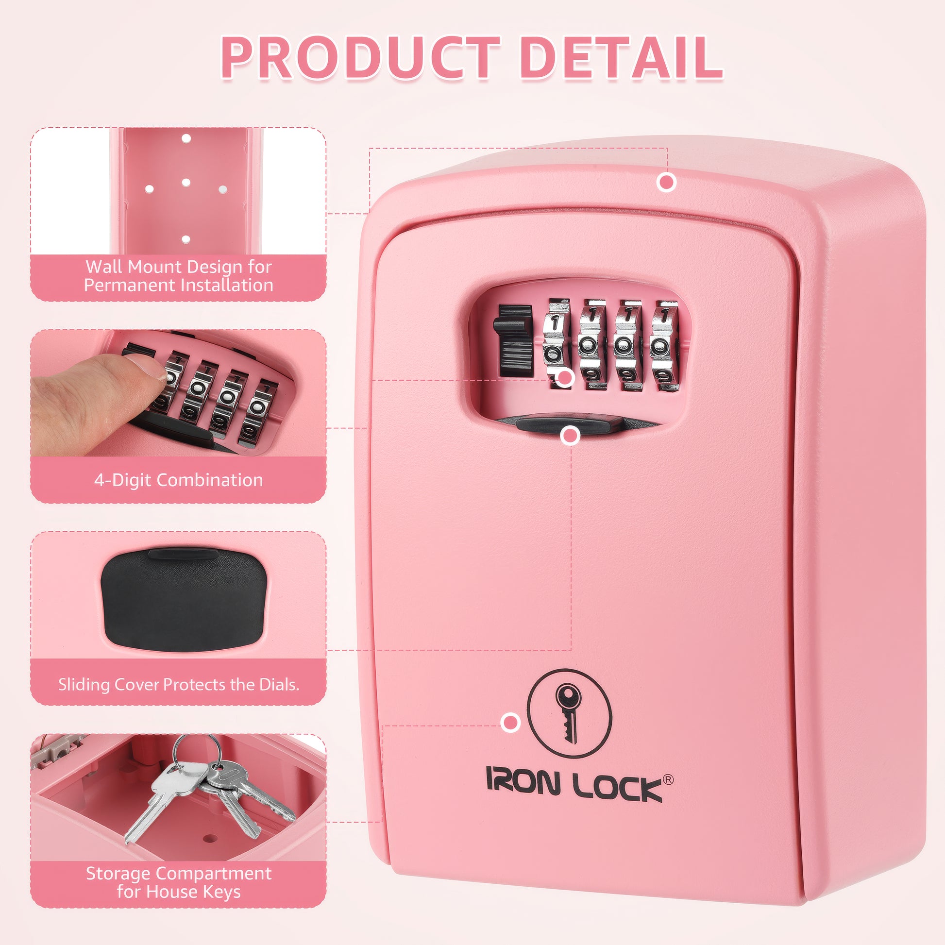 Iron Lock XX-Large pink wall-mount key lock box, 4-digit resettable combination — view 4
