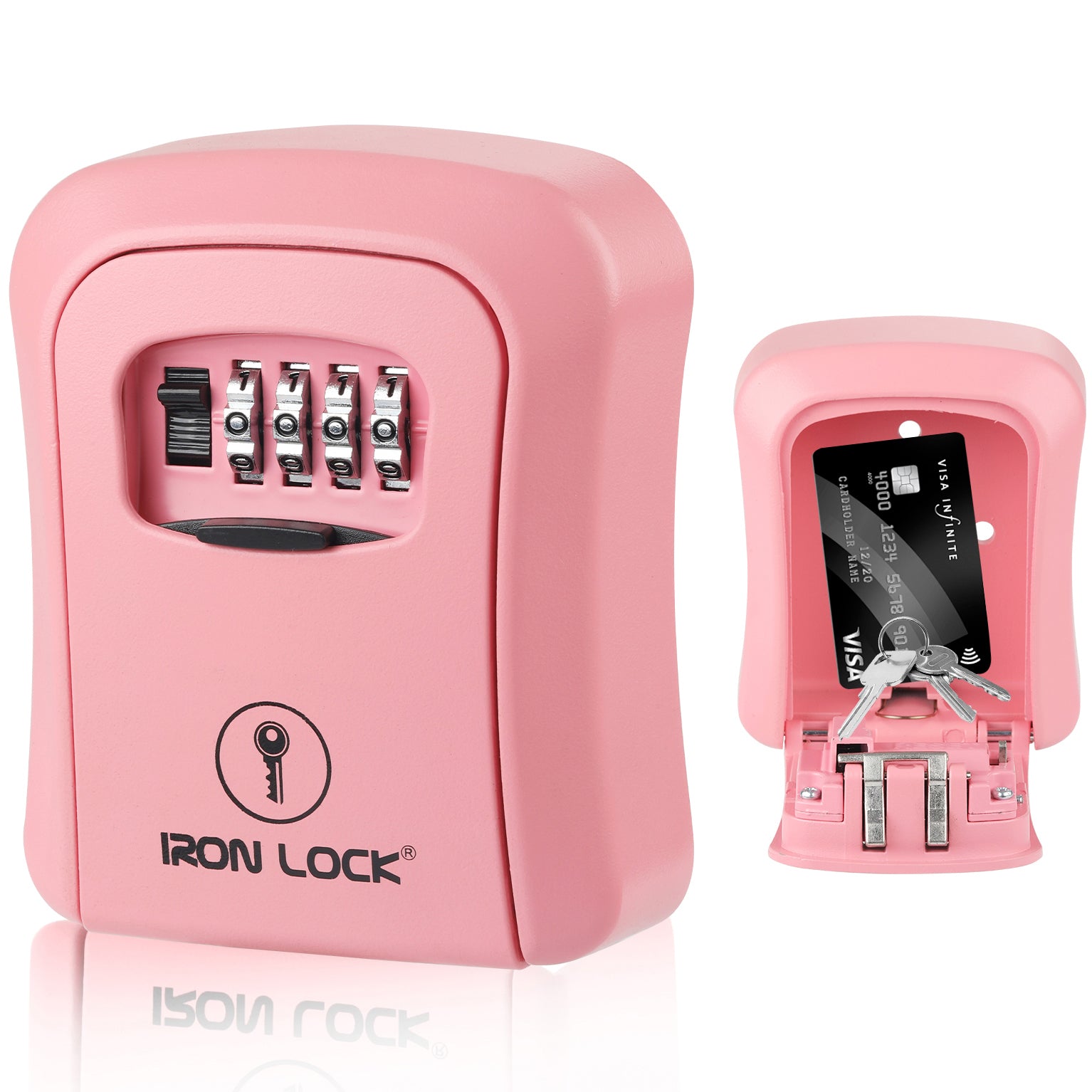 Iron Lock Medium pink wall-mount key lock box, 4-digit resettable combination