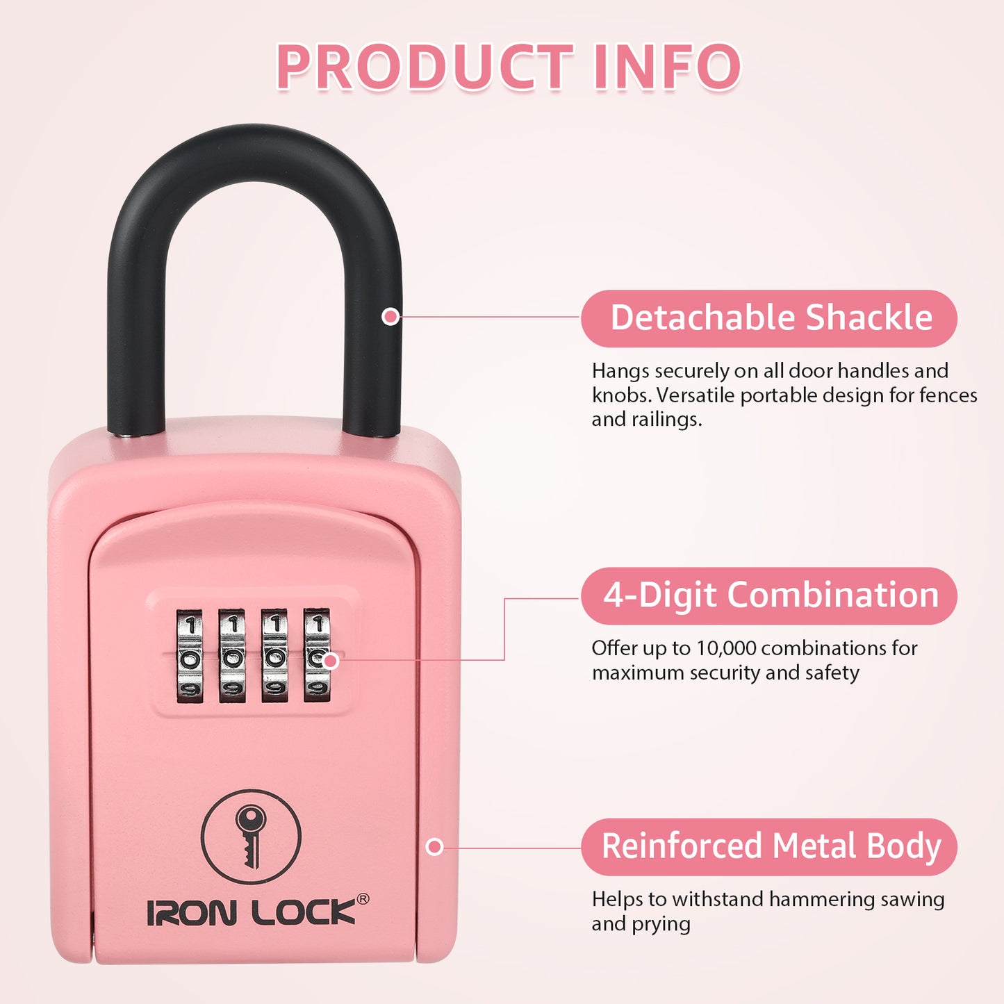 Iron Lock Small pink portable key lock box with removable U-shackle, 4-digit resettable combination — view 4