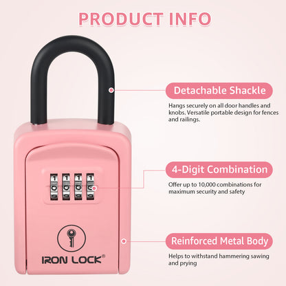 Iron Lock Small pink portable key lock box with removable U-shackle, 4-digit resettable combination — view 4