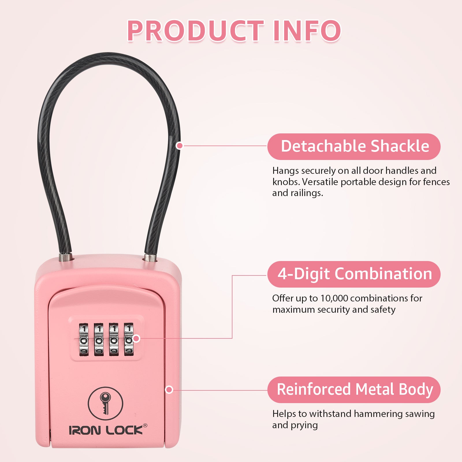Iron Lock Small pink portable key lock box with steel cable shackle, 4-digit resettable combination — view 4