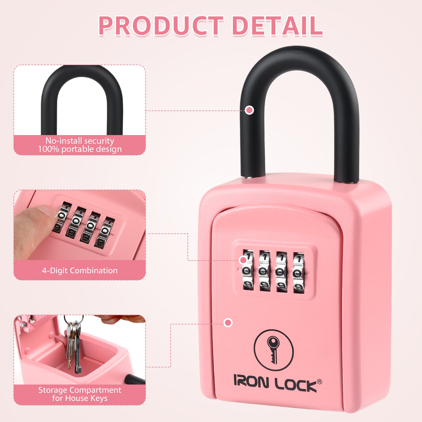 Iron Lock Small pink portable key lock box with removable U-shackle, 4-digit resettable combination — view 5