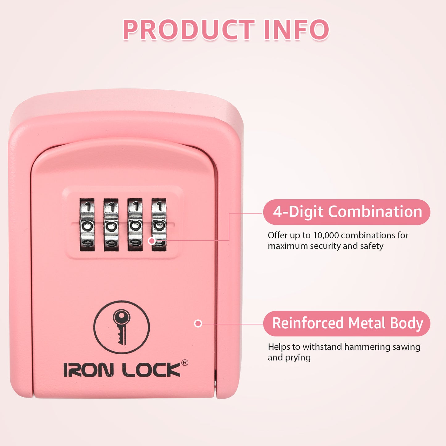 Iron Lock Wall Mount Key Lock Box Small, Combination, Outdoor (Pink)