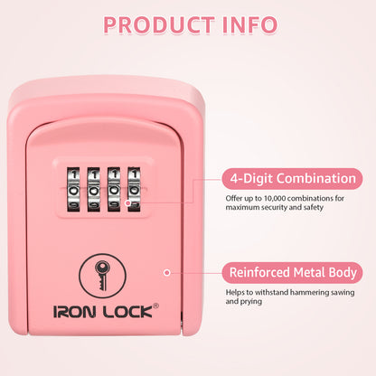 Iron Lock Wall Mount Key Lock Box Small, Combination, Outdoor (Pink)