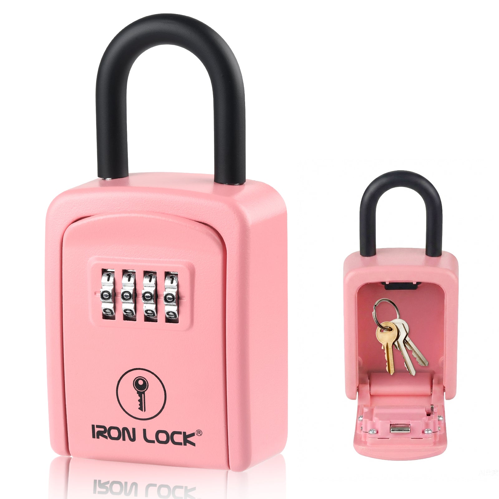 Iron Lock Small pink portable key lock box with removable U-shackle, 4-digit resettable combination