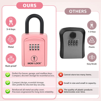 Iron Lock Small pink portable key lock box with removable U-shackle, 4-digit resettable combination — view 6