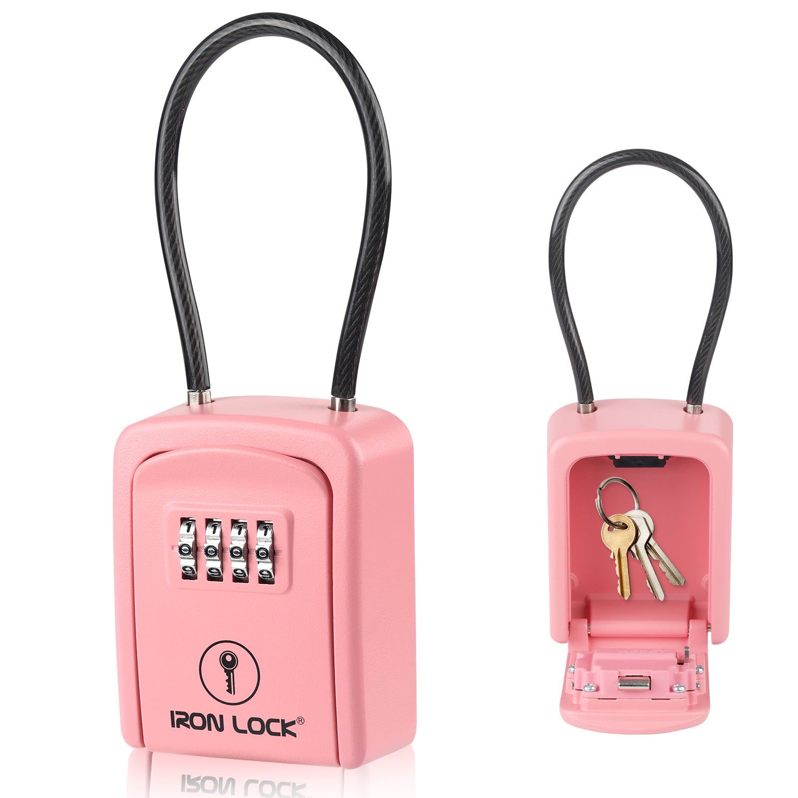 Iron Lock Small pink portable key lock box with steel cable shackle, 4-digit resettable combination