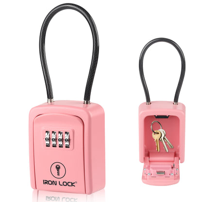 Iron Lock Small pink portable key lock box with steel cable shackle, 4-digit resettable combination