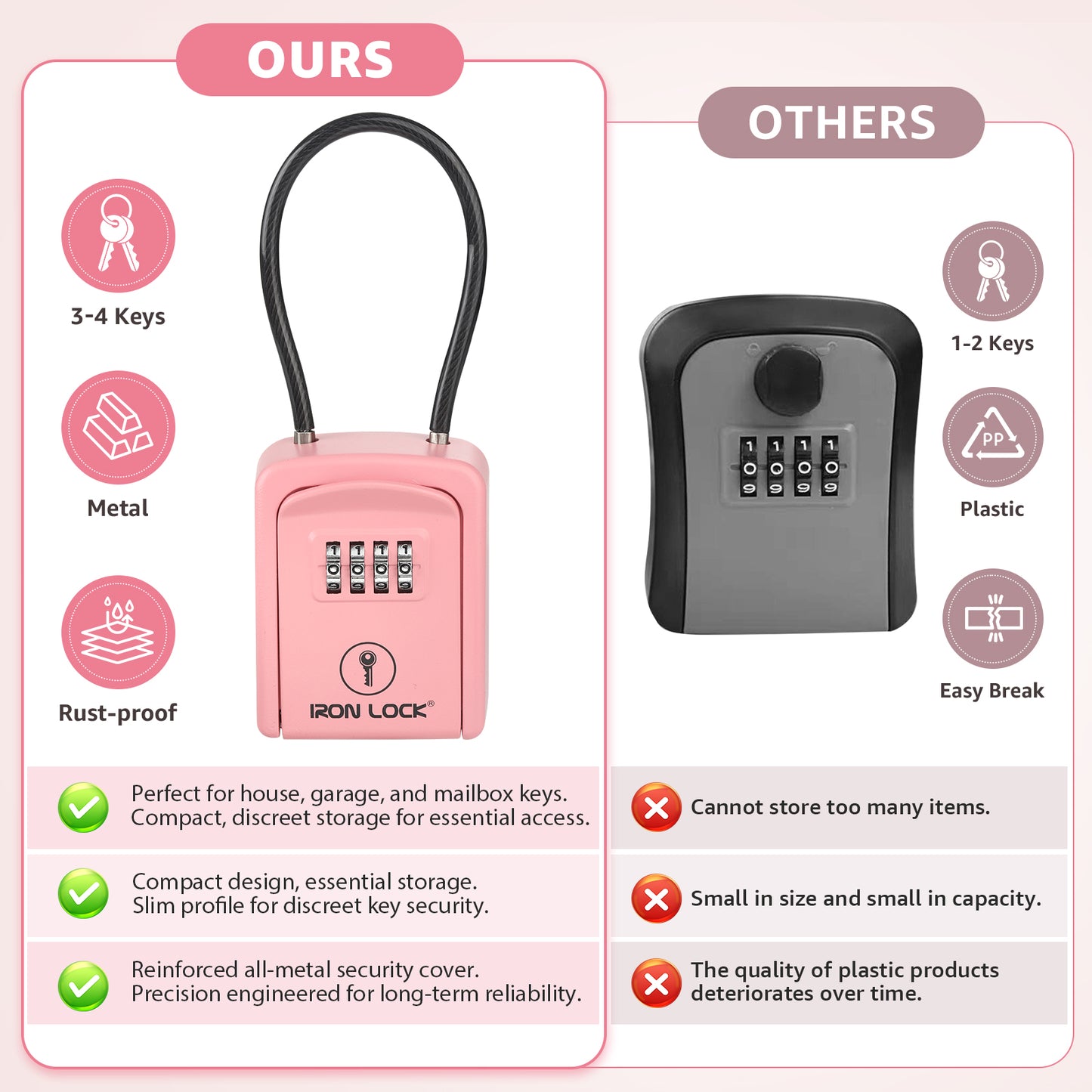Iron Lock Small pink portable key lock box with steel cable shackle, 4-digit resettable combination — view 6