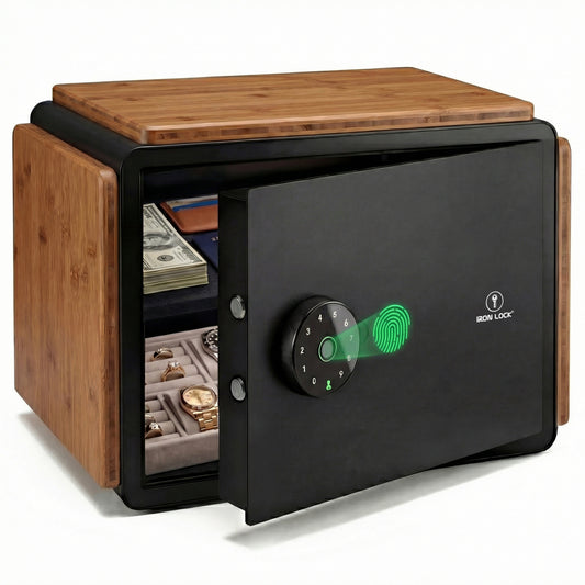 Iron Lock® Smart Safe with Wood Finish, Fingerprint & Touchscreen Keypad, Bluetooth App Control, Share Access, Emergency Key, Bolt-Down Security