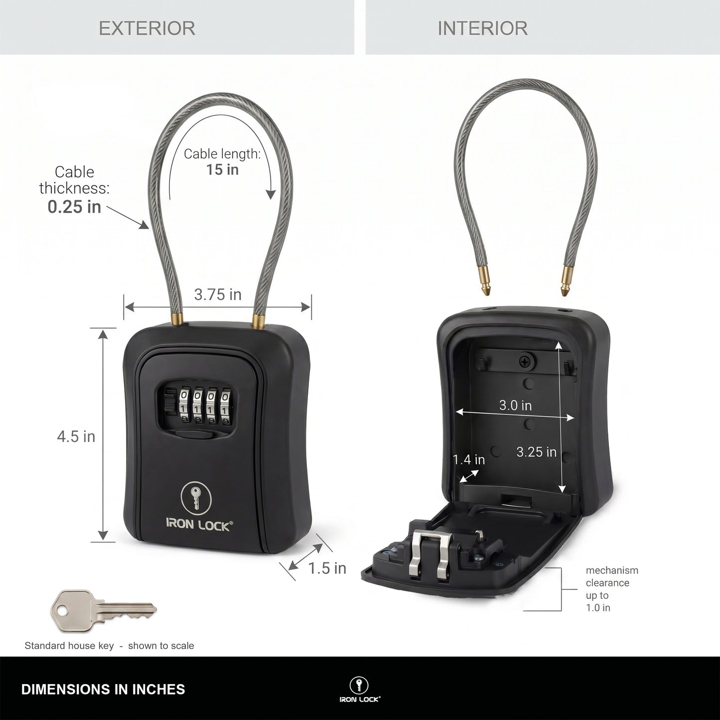 Iron Lock Portable Key Lock Box Medium, Cable Shackle, Combination (Black)
