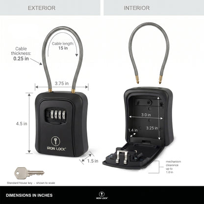 Iron Lock Portable Key Lock Box Medium, Cable Shackle, Combination (Black)