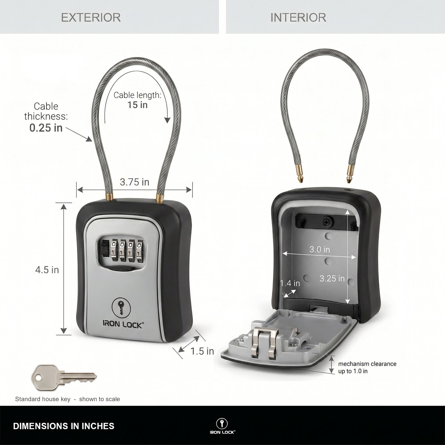 Iron Lock Portable Key Lock Box Medium, Cable Shackle, Combination (Grey)