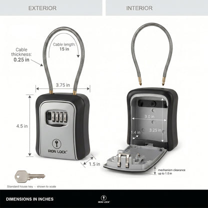 Iron Lock Portable Key Lock Box Medium, Cable Shackle, Combination (Grey)