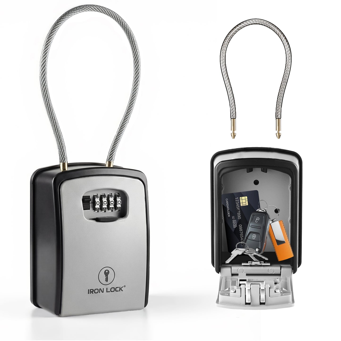 Iron Lock Portable Key Lock Box XX-Large, Cable Shackle, Combination (Grey)