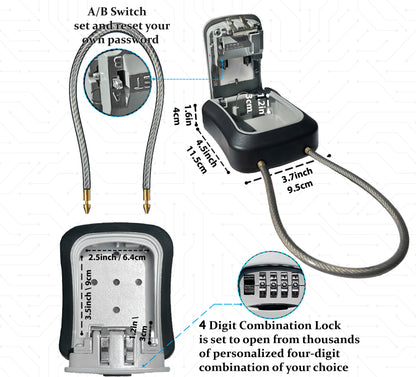 Medium Portable Key Lock Box with Removable Cable Shackle (Grey)