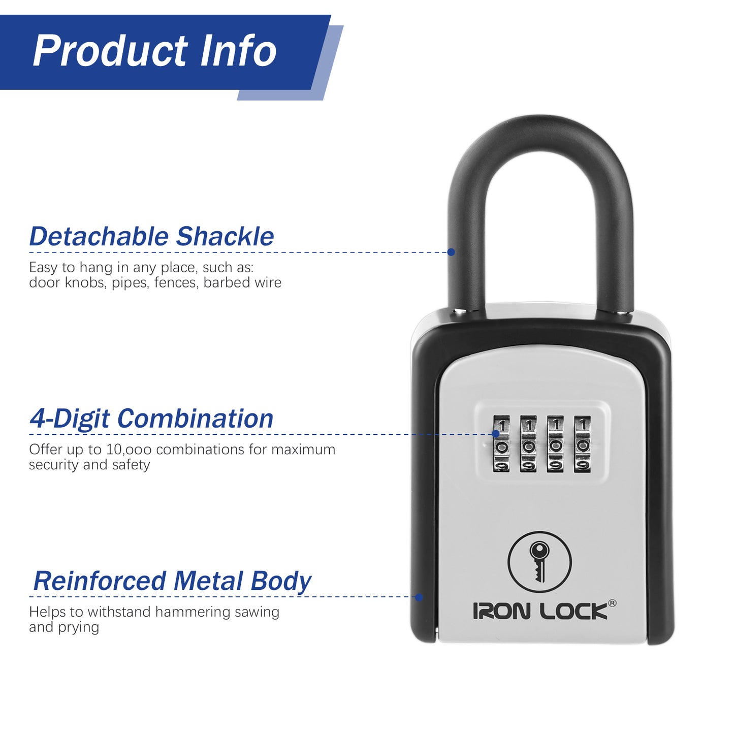 Iron Lock Small grey portable key lock box with removable U-shackle, 4-digit resettable combination — view 9