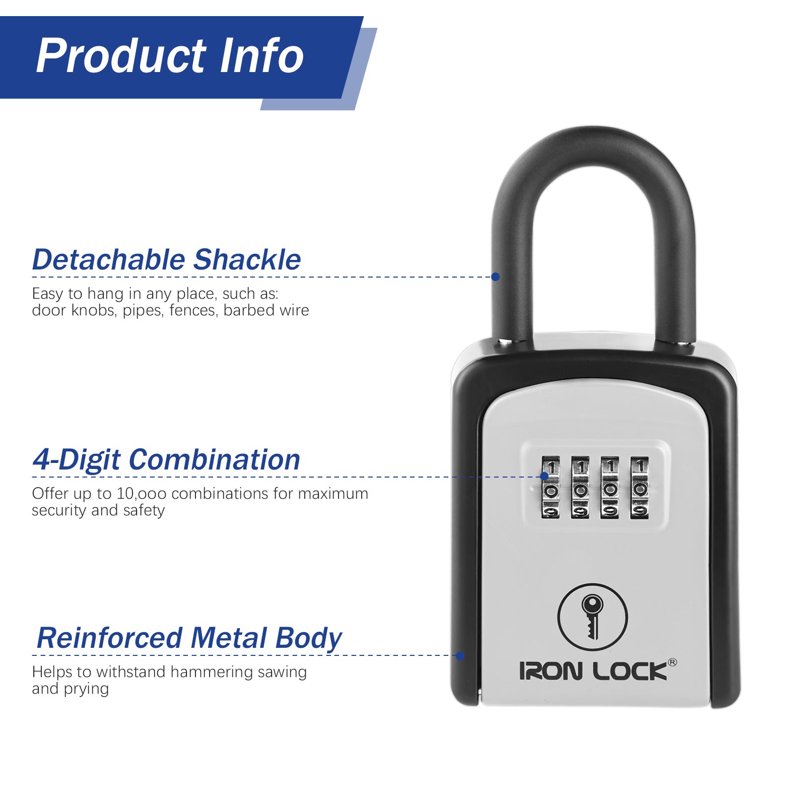 Iron Lock Small grey portable key lock box with removable U-shackle, 4-digit resettable combination — view 9