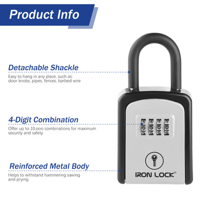 Iron Lock Small grey portable key lock box with removable U-shackle, 4-digit resettable combination — view 9