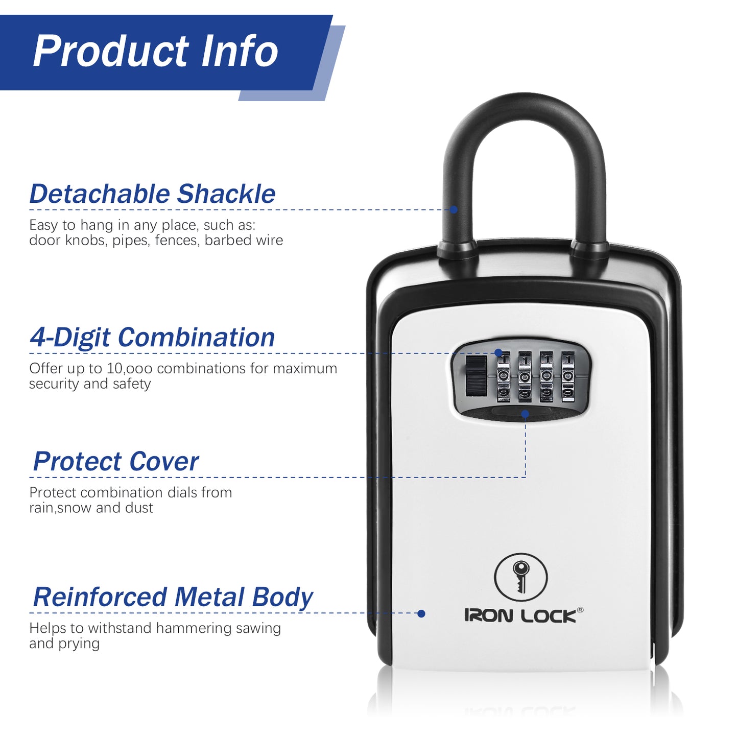 Iron Lock XX-Large grey portable key lock box with removable U-shackle, 4-digit resettable combination — view 9