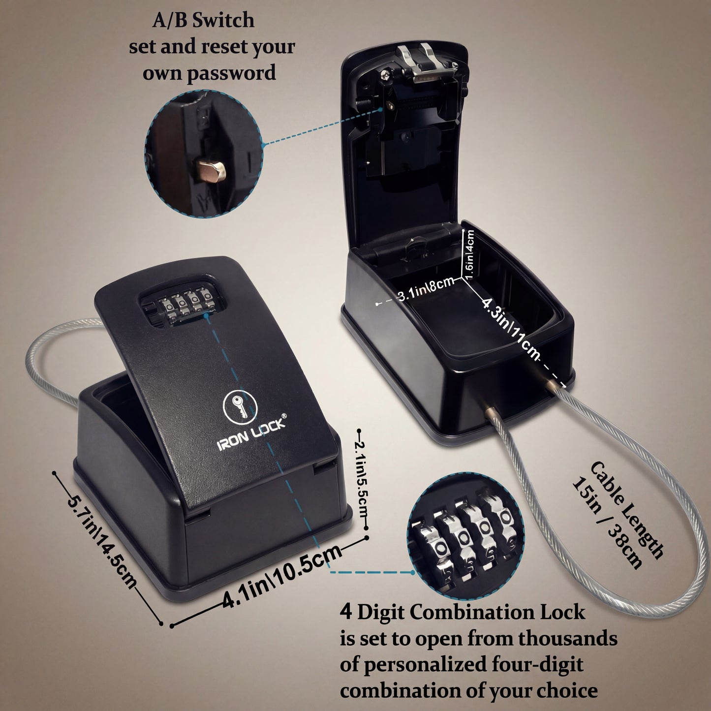 XX-Large Portable Key Lock Box with Removable Cable Shackle (Black)