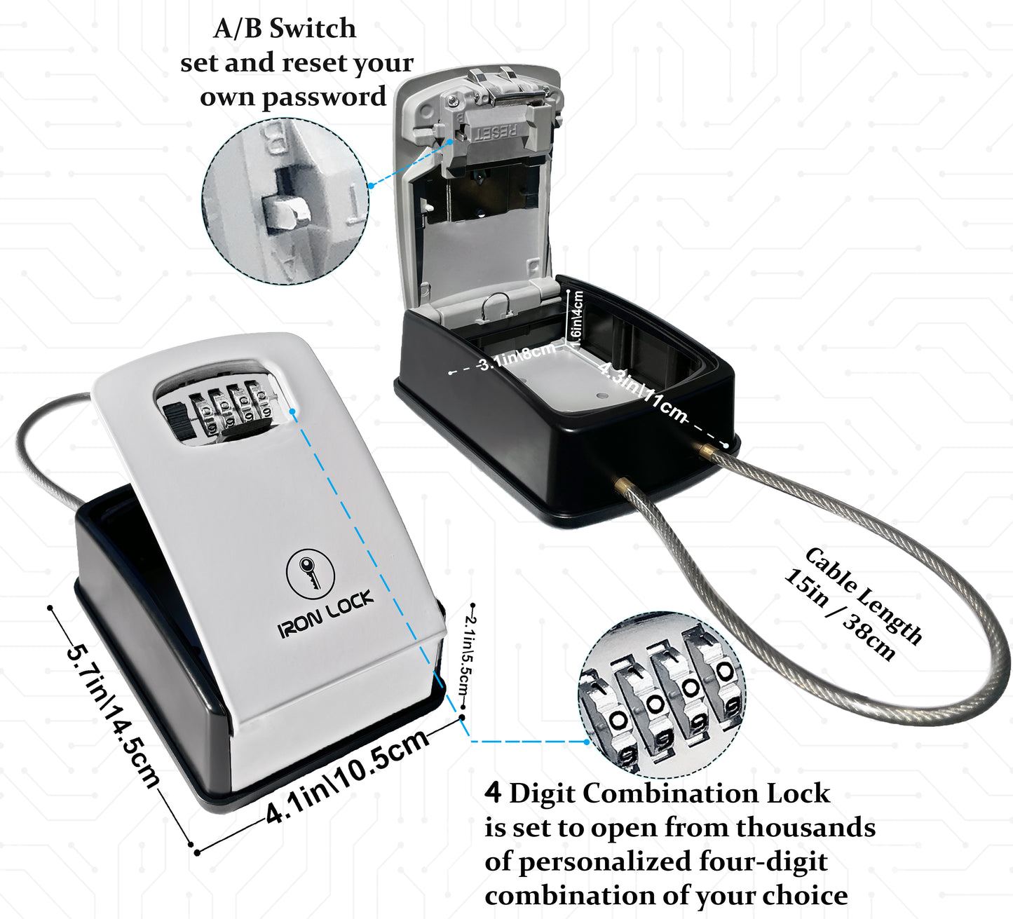 XX-Large Portable Key Lock Box with Removable Cable Shackle (Grey)