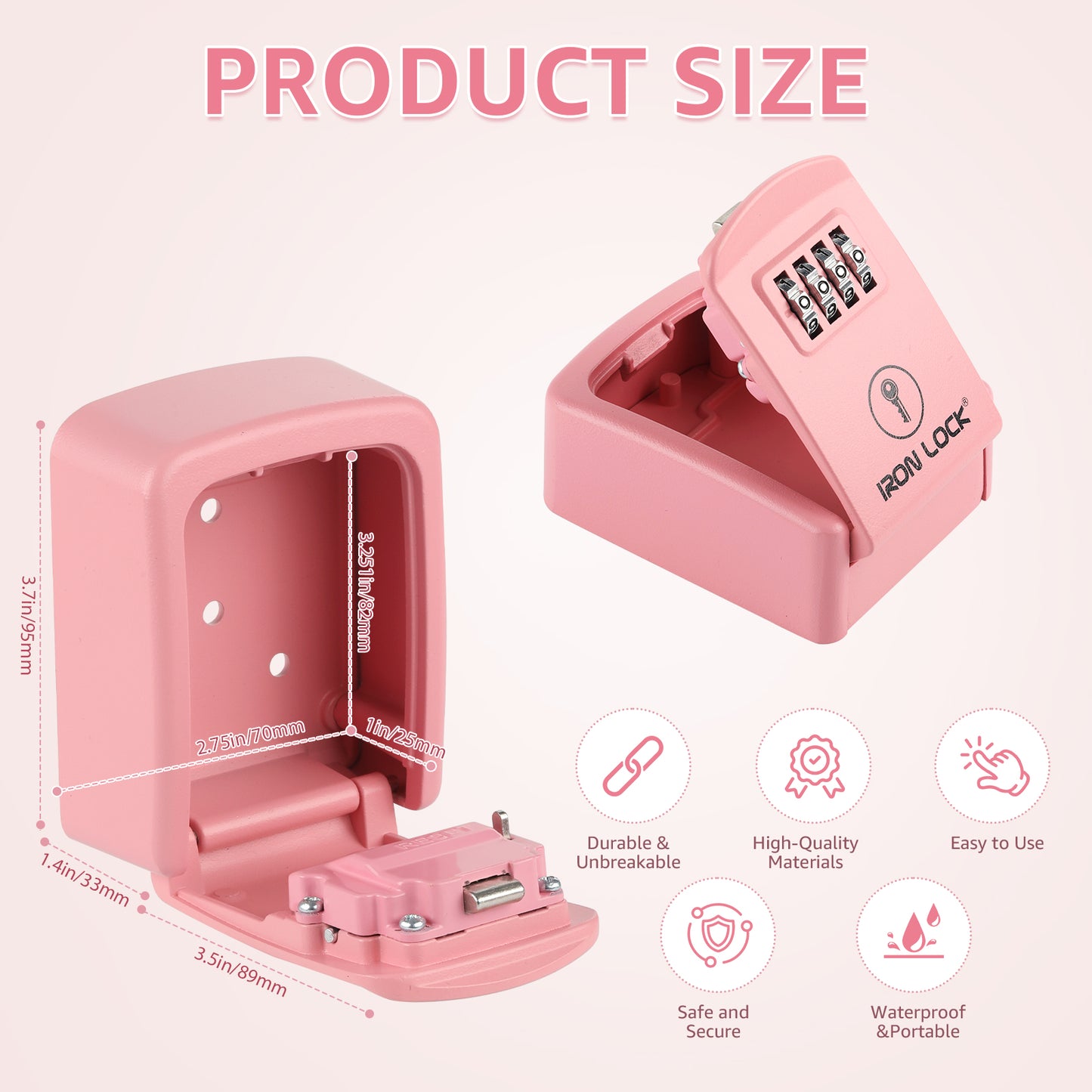 Iron Lock Wall Mount Key Lock Box Small, Combination, Outdoor (Pink)