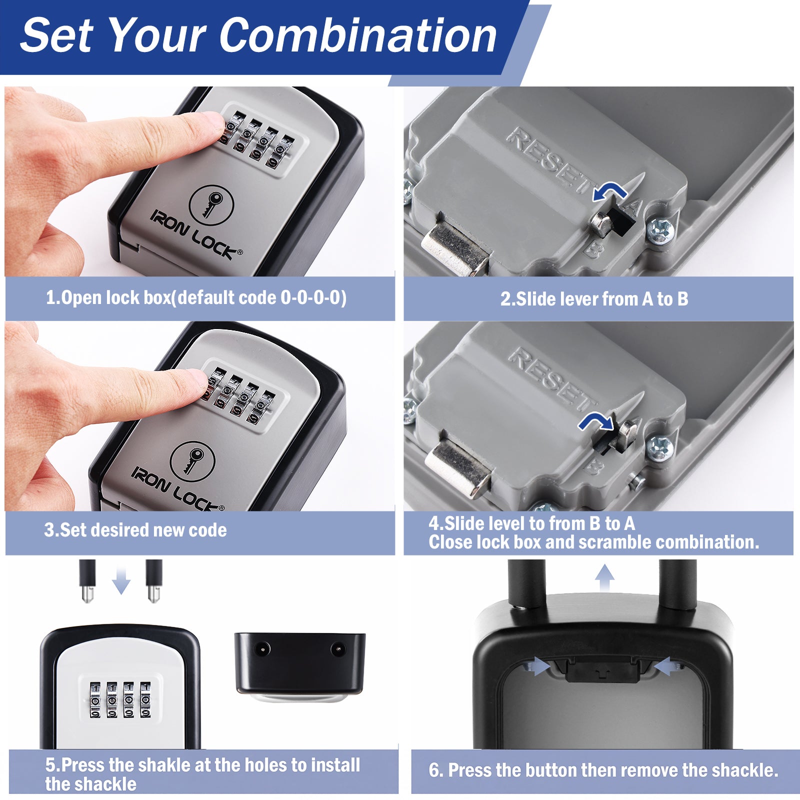 Iron Lock Small grey portable key lock box with removable U-shackle, 4-digit resettable combination — view 10