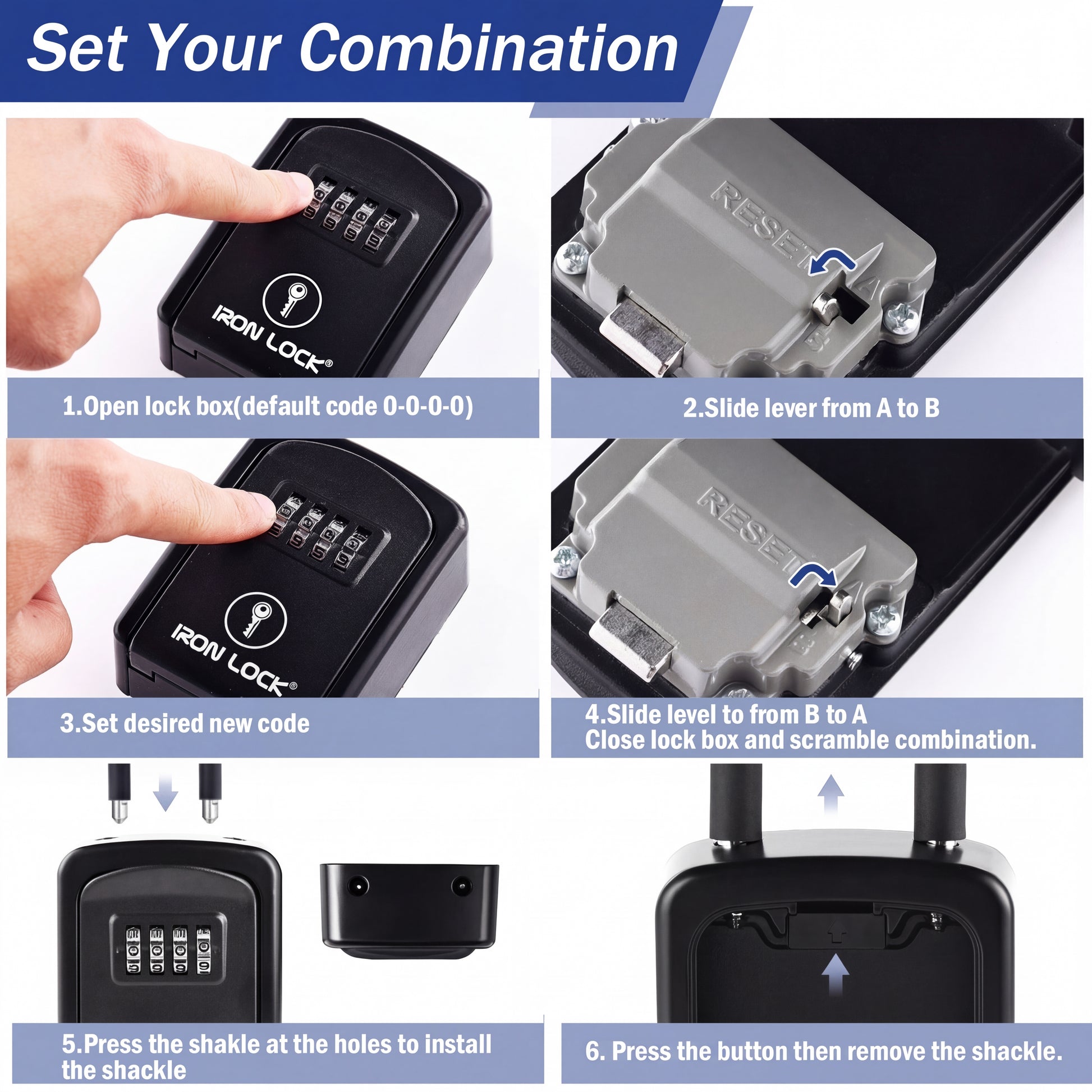 Iron Lock Small black portable key lock box with removable U-shackle, 4-digit resettable combination — view 10
