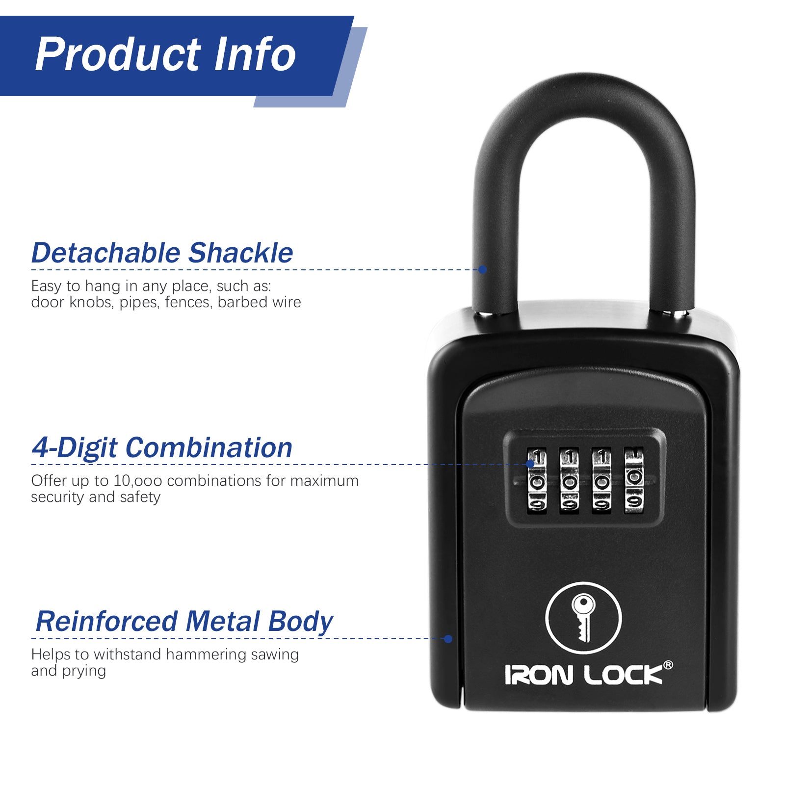 Iron Lock Small black portable key lock box with removable U-shackle, 4-digit resettable combination — view 9