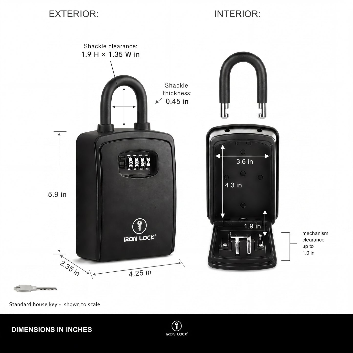 Iron Lock Portable Key Lock Box XX-Large, U-Shackle, Combination (Black)