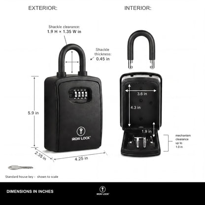 Iron Lock Portable Key Lock Box XX-Large, U-Shackle, Combination (Black)